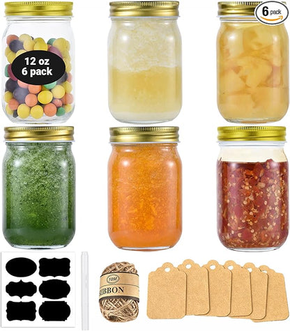 Rainforce Mason Jars 12 oz Regular Mouth 6 Pack – 12 oz Glass Jars with Gold Lids for Canning, Honey, Spices, Candle Making, Pint Storage & Meal Prep – Frascos De Vidrio Con Tapa