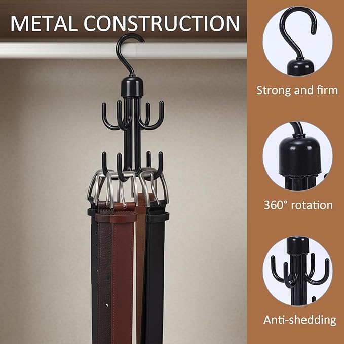 Lolytama 6Pcs Belt Hanger, Hanging Belt Holder for Closet,Rotating Belt Hooks for Hanging, Plastic Tie Hanger for Closet for Scarf,Bra,Tie Organizer