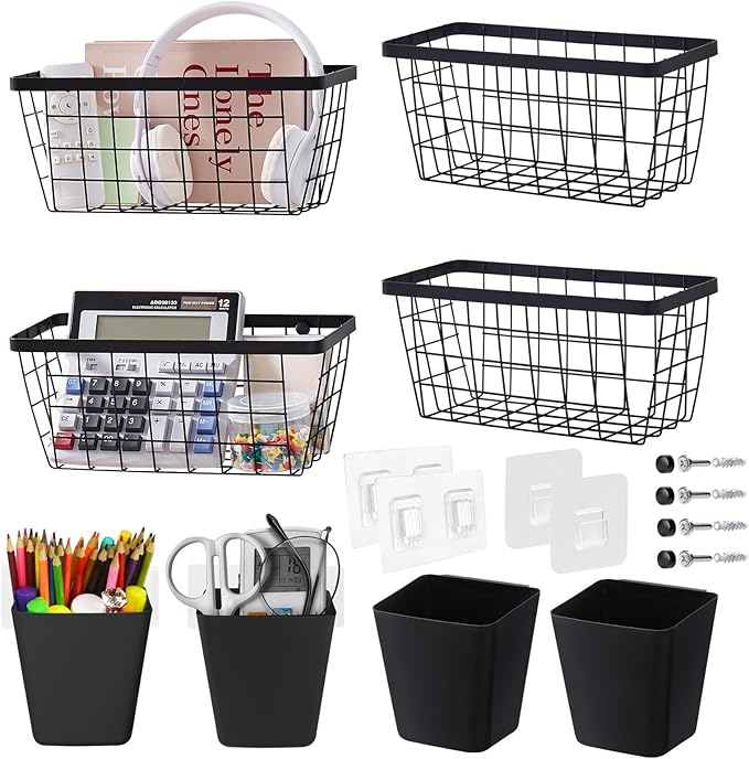 LIGHT DUST Wall Hanging Baskets - 8 Set Black Baskets & Cups Wire Basket Metal Wall Organizer Bins for Kitchen Pantry Cabinet Bathroom Shower Door RV [Included Adhesive Hooks & Mounted Screws]