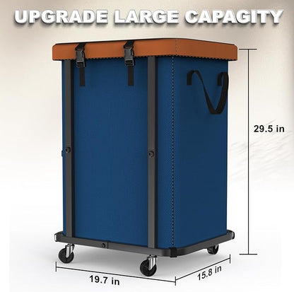 150L (40 Gal) Large Fashion Laundry Basket with Wheels, Leather Patchwork Rolling Hamper Carts, Sturdy Metal Frame, Removable Washable Bag, Tall Clothes Sorter for Bedroom, Laundry Room - Navy Blue