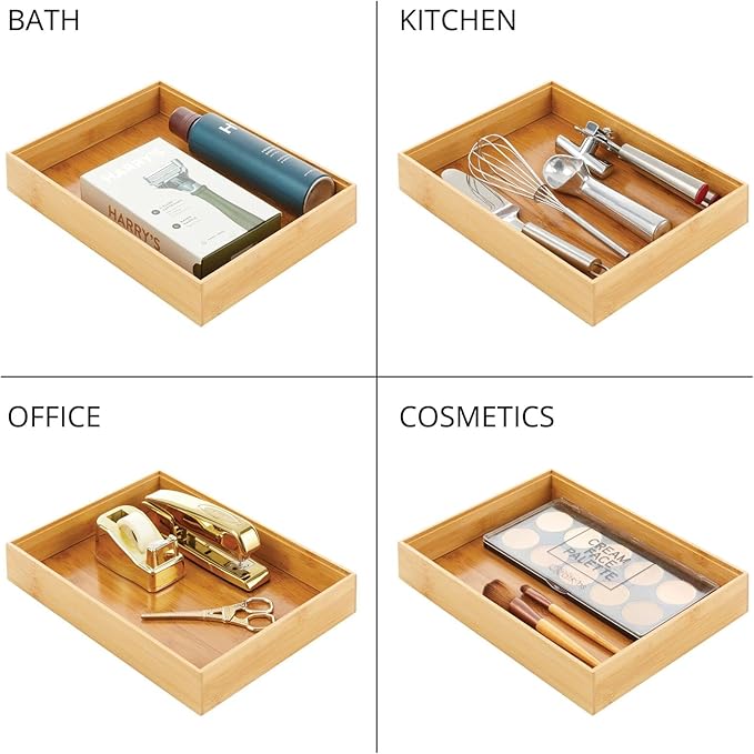 mDesign Bamboo Wood Stackable Drawer Organizer Bin Box for Kitchen; Holds Silverware, Cutlery, Utensils - Echo Collection - 2 Pack - Natural