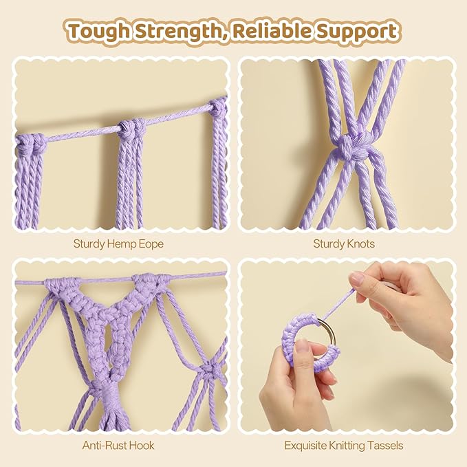 Yecaye 60 IN Stuffed Animal Net Hammock, Hanging Stuffed Animal Storage with Handmade Macrame Tassels, Net for Stuffed Animals Corner Large for Nursery Living Room Wall Decoration, Lavender Purple