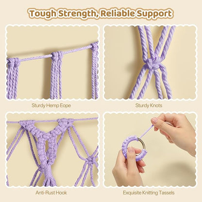 Yecaye 60 IN Stuffed Animal Net Hammock, Hanging Stuffed Animal Storage with Handmade Macrame Tassels, Net for Stuffed Animals Corner Large for Nursery Living Room Wall Decoration, Lavender Purple