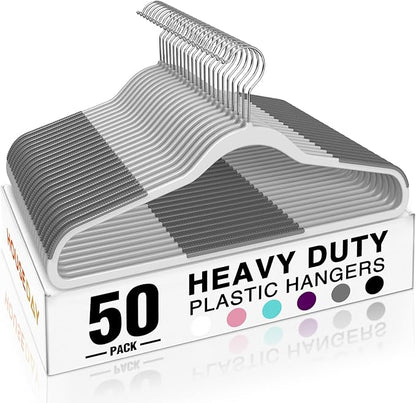 HOUSE DAY Heavy Duty Plastic Hangers 50 Pack, Non Slip Clothes Hangers with Rubber Grip and 360° Hook - Thin Plastic Hanger Space Saving - Coat Hanger Grey, Closet Organizer for Shirt, Pants, Suit