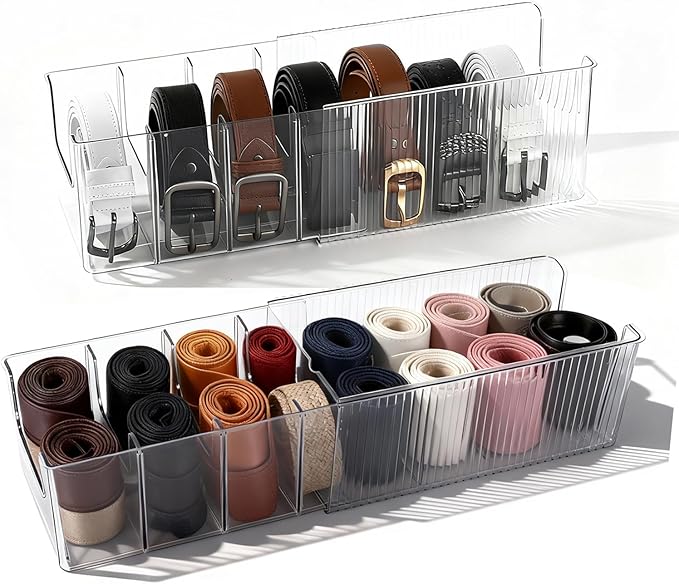 HZJYW Belt Organizer,2-Piece Set with Transparent Belt Rack and Adjustable Divider for Storing Underwear,Socks,tie Drawers and wardrobes