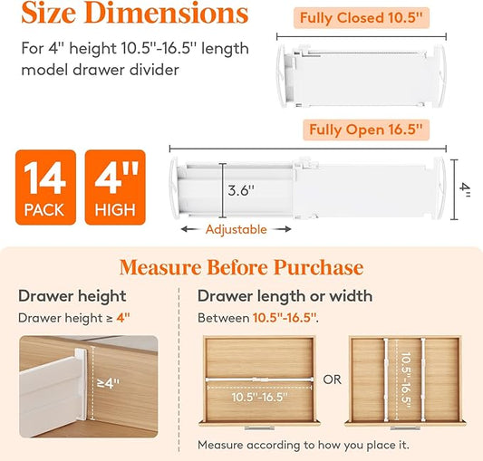 Lifewit 4" High 14 Pack Drawer Dividers, 10.5-16.5" Drawer Divider for Clothes, Adjustable Dresser Drawer Organizers, Plastic Drawers Separators for Clothes, Bedroom, Bathroom, Kitchen, Closet
