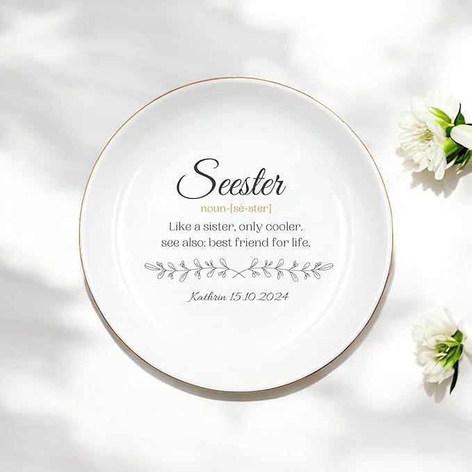 HatafaFurni Personalized Ring Dish Holder for Sister from Sister, Seester Noun Jewelry Dish for Wedding Christmas Birthday Gift, Customized Ceramic Trinket Tray for Bonus Sister, Funny Saying Gifts