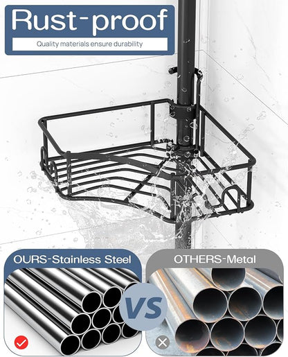 SEIRIONE Corner Shower Caddy Tension Pole, 4-Tier Rust-Free Shower Organizer Corner, Adjustable Shelf for Bathroom Storage, Easy-Install Standing Rack, 34 to 116Inch, Black