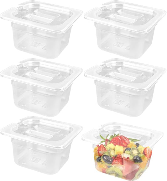 KEJJNYER 6 Pcs 4 inch Deep Plastic Food Pan with Lid 1/6 Size, Clear Food Storage Containers with lids, Restaurant Salad Bar Containers for Fruits Vegetables Beans Corns