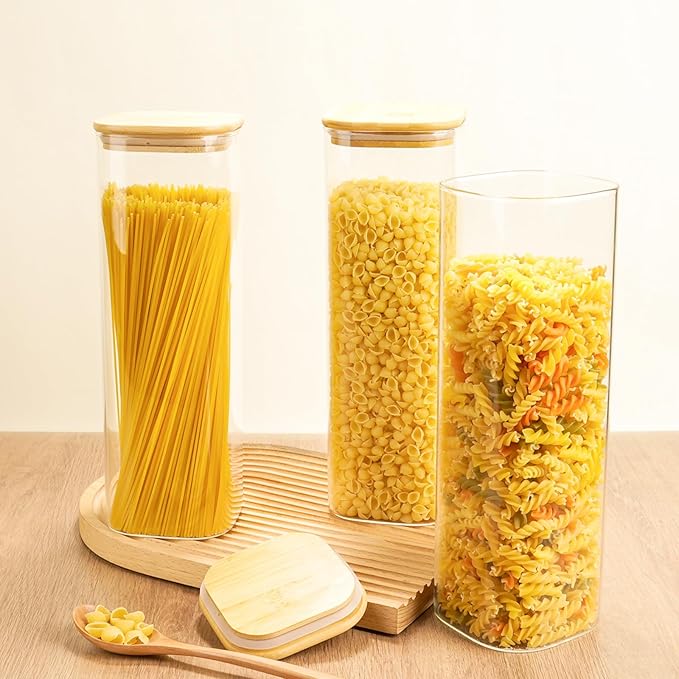 Glass Spaghetti Pasta Storage Container - 3 Pack 82 OZ Airtight Food Storage jar with Bamboo Lid Labels - Tall Square Kitchen Pantry Canister Set for Noodle Cookies Flour Cereal Coffee Bean