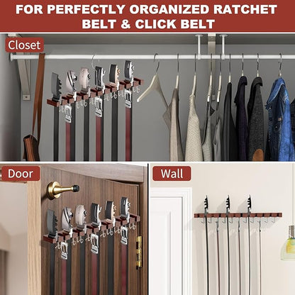 Cuipingoo Belt Hanger for Closet Max 42 Belts, 2-in-1 Wall Mount Belt Organizer with 360° Rotating Hooks, Wooden Tie and Belt Rack for Closet Accessories Organizers and Storage, Walnut Wood