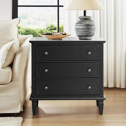 HULALA HOME 3 Drawer End Table with Charging Station, Wooden Drawer Organizer with Wood Legs, Mid Century Modern End Table, Black