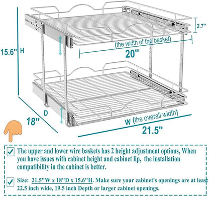 OCG 2 Tier Pull Out Cabinet Organizer (21.5" W x 18" D), Pull Out Shelves for Kitchen Cabinets, Slide Out Pantry Shelves for Base Cabinet Organization in Kitchen Bathroom Pantry, Chrome Finish