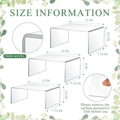 3 Pcs Extra Large 15, 14, 13 Inch Acrylic Display Risers Clear Acrylic Shelf Riser Display Stands 5 mm, 8 mm Thick Rectangular for Collectibles Figures