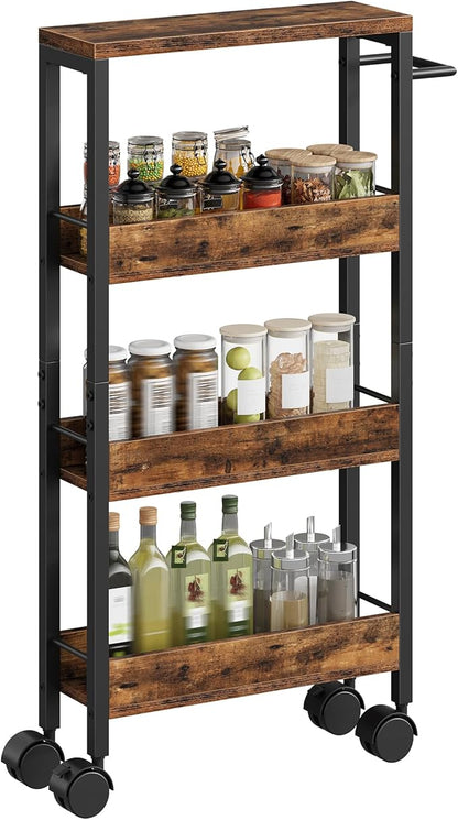 4-Tier Slim Storage Cart, 5.1'' Kitchen Serving Trolley, Slim Rolling Cart with Handle and Guard Rails, Slim Cabinet for Small Spaces, for Dining Room, Rustic Brown and Black TTC01BF