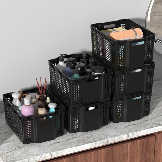 12 Pack Large Plastic Storage Baskets Bins, Multi-Purpose Organizer Weave Basket for Shelves, Closets, Offices (Black)