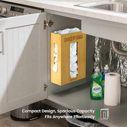 Extra Large Bamboo Grocery Bag Holder for Plastic Bags, Under Sink Cabinet or Wall Mounted Organizer, Space-Saving Bag Dispenser for Kitchen, Pantry, Laundry Room, Garage