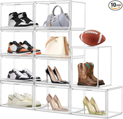 EZJOB 10 Pack Acrylic X-Large Sneaker Shoe Storage Display Case Shoe Boxes Clear Plastic Stackable Bins Boot Handbag Organizer Shoe Cabinet with Magnetic Lids,Size 14