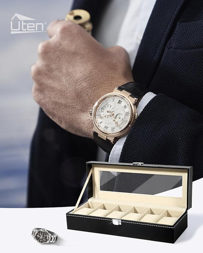 Uten Watch Box, 6 Slots Watch Case, Watch Box Organizer Jewelry Storage with Large Glass Lid, Watch Display Case, Watch Box for Men & Women