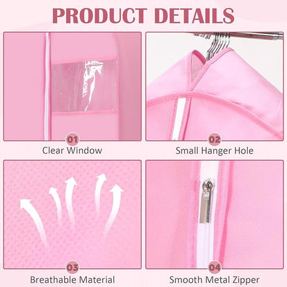 2 Pcs 10" Gusseted Garment Bags for Hanging Clothes Dress Bags for Gowns Long Closet Waterproof Garment Covers Wedding Dress Cover Traveling Clothes Protector(Pink,43 Inch)