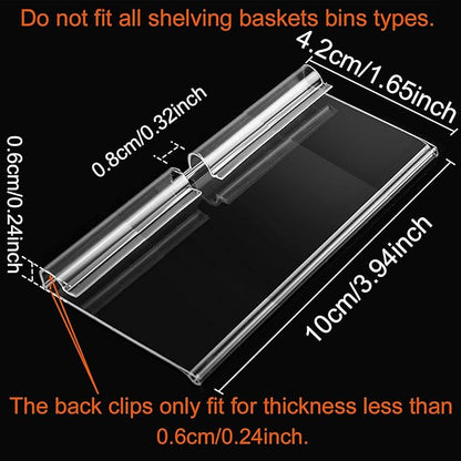 50PCS Basket Bin Labels Clip On,Clear Plastic Wire Shelf Price Tags,Labels for Storage Bins,Merchandise Sign Display Holder,50PCS Paper Inserts Included(Size:3.94x1.57inch/10x4cm)