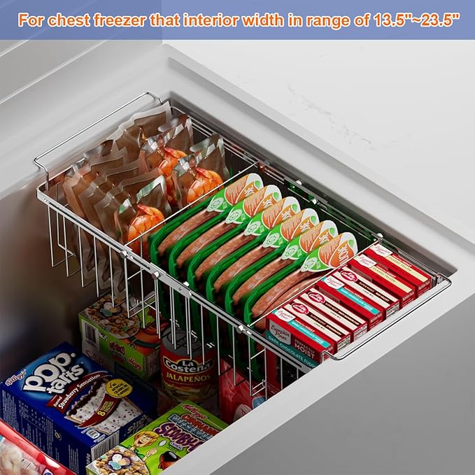 Freezer Organizer Bins for Chest Freezer, Capacity Expandable Deep Freezer Baskets Hanging Chest Freezer Organizer with Divider Sheets, Length Extendable Between 15.5" ~ 24.5"