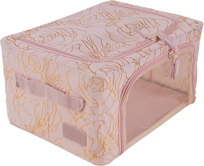 Periea Oxford Cloth Steel Frame Storage Boxes - Under-Bed or in Closet - Pack of 2 Compact Organizers (Metallic Floral Blush)
