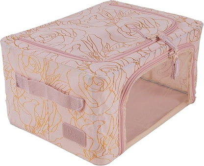 Periea Oxford Cloth Steel Frame Storage Boxes - Under-Bed or in Closet - Pack of 2 Compact Organizers (Metallic Floral Blush)