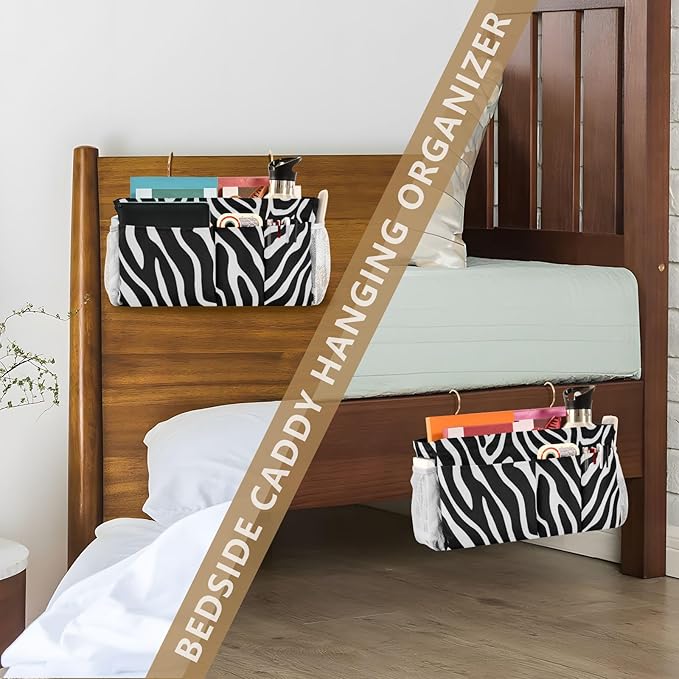 CuwrYet Bedside Caddy Hanging Bunk Bed Caddy Bed Organizer Hanging Pocket with 2 Hooks Bedside Storage Organizer Pocket Bag Holder White Black Zebra Print