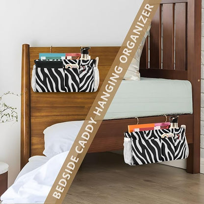 CuwrYet Bedside Caddy Hanging Bunk Bed Caddy Bed Organizer Hanging Pocket with 2 Hooks Bedside Storage Organizer Pocket Bag Holder White Black Zebra Print