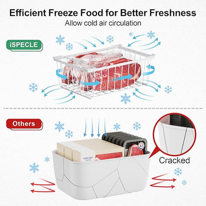 iSPECLE Deep Freezer Organizer Bins - 15.2"~17.5" Freezer Baskets for Chest Freezer, 5 Cu.FT Deep Chest Freezer Organizer Bins, 1 Expandable Hanging Basket and 3 Pack Stackable Bins, 4 Pack White