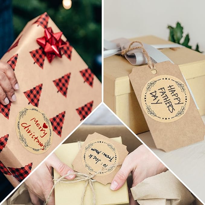 500pcs 2" Label Stickers for Jars and Lids, 4 Different Wreath Designs, Kraft Labels Christmas Valentines Day Gift Tags Stickers for Pantry, Mason Jars, Canning, Bottles