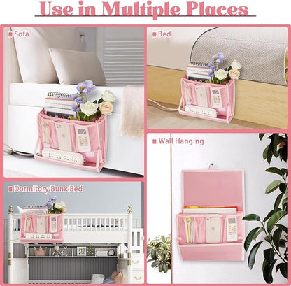 Retyion Bedside Caddy Bedside Storage Organizer Bedside Organizer with Power Strip Holder and 2 Adjustable Straps for Home Bunk Bed College Dorm Sofa (2 Pack Pink)
