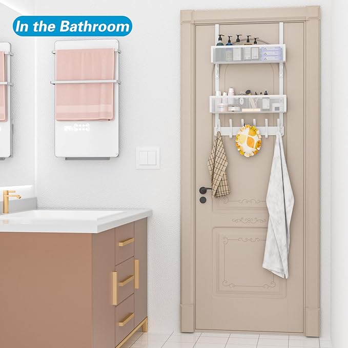 Aimeaihe Over The Door Hooks Organizer, Over Door Storage with 12 Coat Hooks and 2 Mesh Basket, Bathroom Door Organizer Towel Rack Back of Door Hanger Organizer for Bedroom, Kitchen(White)