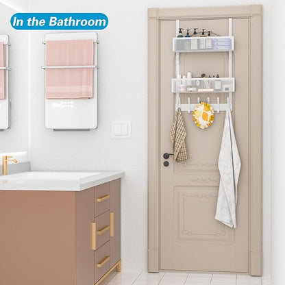 Aimeaihe Over The Door Hooks Organizer, Over Door Storage with 12 Coat Hooks and 2 Mesh Basket, Bathroom Door Organizer Towel Rack Back of Door Hanger Organizer for Bedroom, Kitchen(White)
