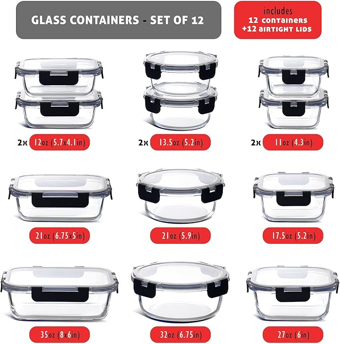 EATEX 24pc Glass Storage Containers with Lids, 12 Set Glass Food Storage Containers with 12 Airtight Lids, Pantry Kitchen Meal Prep Containers for Lunch, Freezer Storage Containers, Jet Black