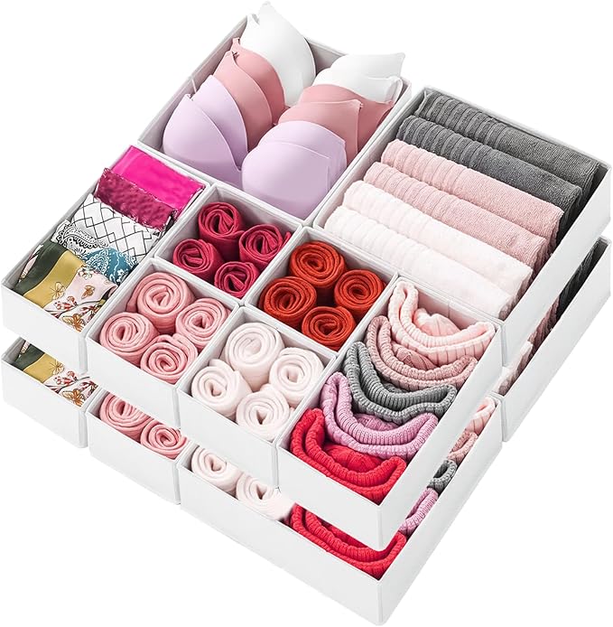 Mooisco 12 Pack Drawer Organizer Clothes, Fabric Closet Organizers and Storage, Foldable Cloth Storage Bins for Underwear Socks, Bra, Ties, Scarf, Belt, Hair Accessories, White