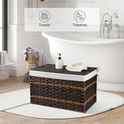 OIAHOMY Storage Basket with Lid, 27.7 Gallon (105L) Blanket Basket with Removable Liner Bag, Synthetic Wicker Hamper with Handle, Hamper for Living Room, Brown