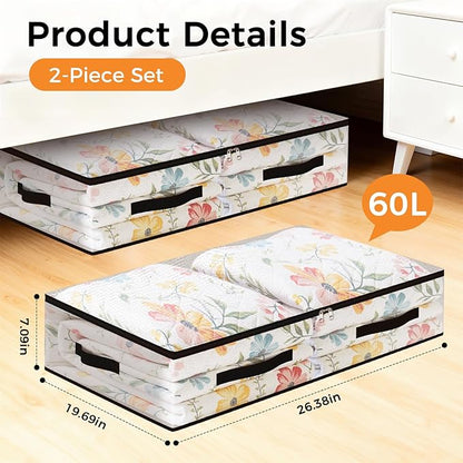 EdenDwell 2 Pack Under Bed Storage Bags, 60L Foldable Clear Storage Containers with Handles, Dual Zippers for Comforter, Clothes, Bedding, Linen Sheets, Sweaters, Blanket Storage