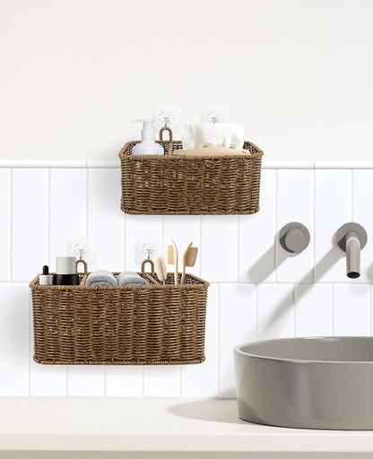 AceList Wall Hanging Basket with Compartment, Woven Hanging Storage Baskets with Hooks - Set of 2, Boho Organizer for Toilet Tank, Bathroom, Kitchen, and Pantry Decor