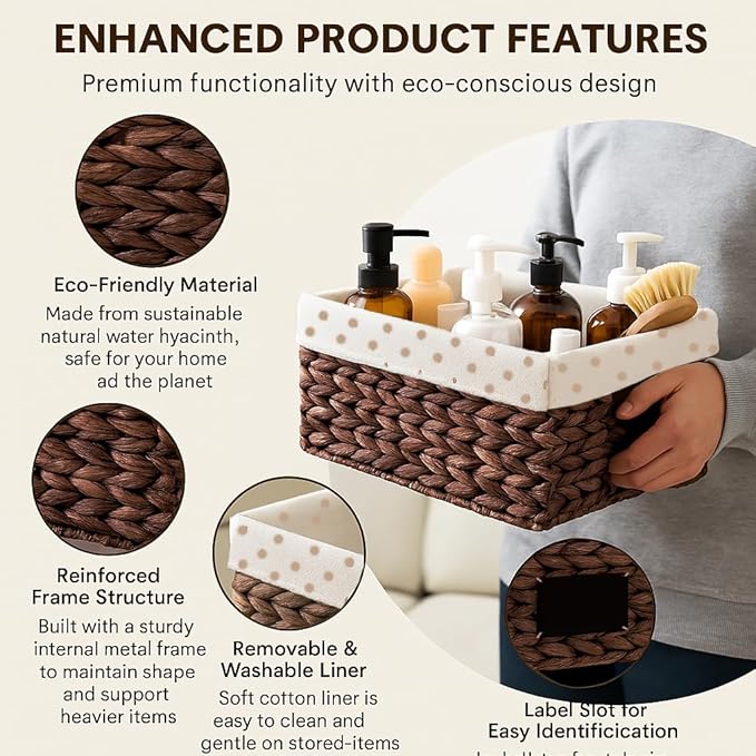 rectangular hyacinth wicker baskets with liners for storage, kitchen, laundry 12x9x5 iNCHES (Brown, 12x9x5 Inches)