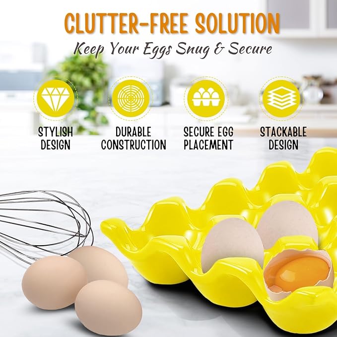 Flexzion 12 Cups Ceramic Egg Holder for Fridge - Dozen Ceramic Egg Tray Porcelain Container Storage Organizer Decorative Serving Stand Serveware for Refrigerator Countertop Display (Yellow, 2 Pack)