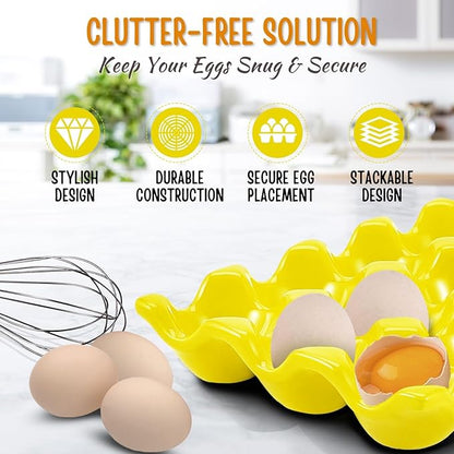 Flexzion 12 Cups Ceramic Egg Holder for Fridge - Dozen Ceramic Egg Tray Porcelain Container Storage Organizer Decorative Serving Stand Serveware for Refrigerator Countertop Display (Yellow, 2 Pack)