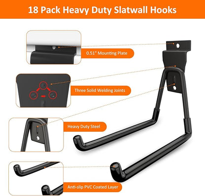ENUODA Slatwall Hooks Slatwall Accessories, Garage Hooks Heavy Duty Slat Wall Hanging Hook for Ladder, Shovel, Toolbox, Garden Tools, Extension Cord, Sport Equipments, Garage Organization, 18 Pack