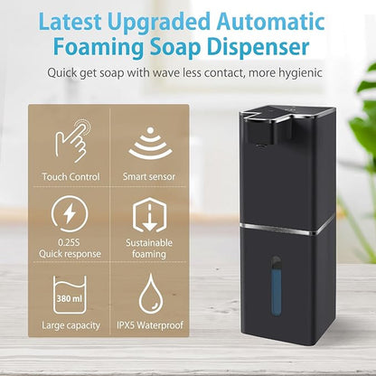 JEMISUN Automatic Foaming Soap Dispenser Touchless 380ml/12.8oz Rechargeable Hand Soap Dispenser Wall Mounted 4 Levels Adjustable Foam Soap Pump for Bathroom Kitchen Dish Soap