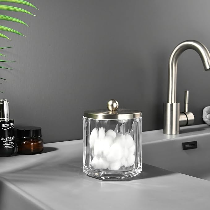 Indecor Home Clear Transparent Apothecary Octagional Shaped Glass Canister Jar With Satin Nickel Metal Lid Cover for Bathroom Organization, Cotton Balls, Q Tips, and Small Accessories, Bath Storage