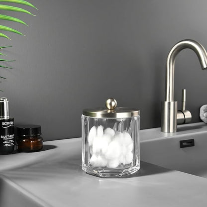 Indecor Home Clear Transparent Apothecary Octagional Shaped Glass Canister Jar With Satin Nickel Metal Lid Cover for Bathroom Organization, Cotton Balls, Q Tips, and Small Accessories, Bath Storage