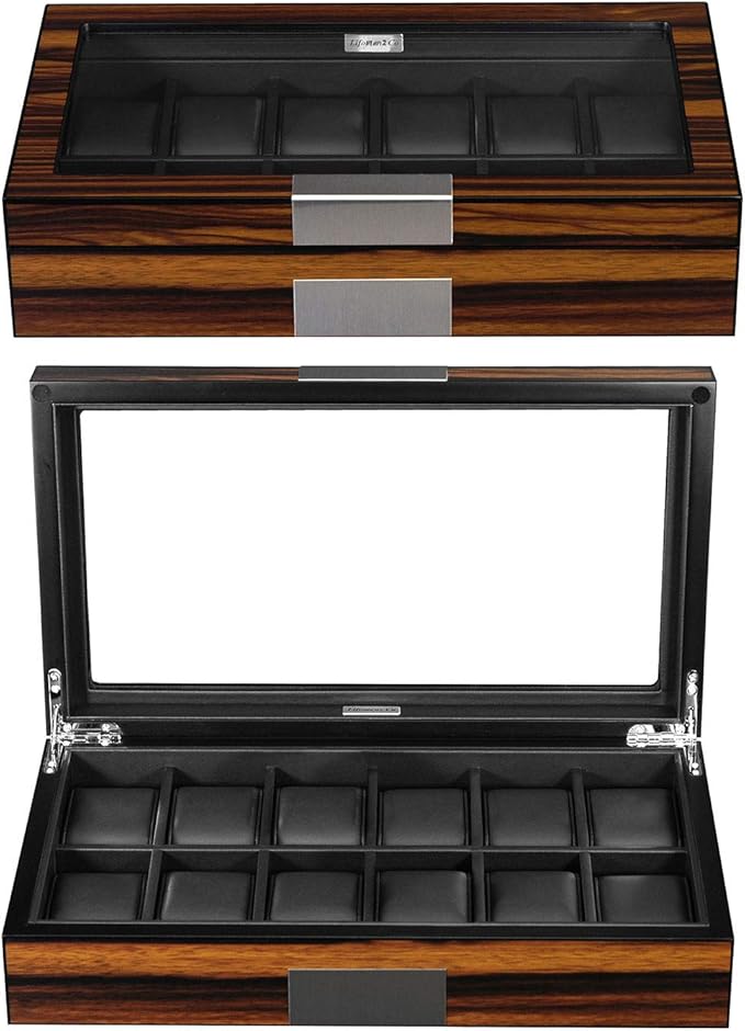 Lifomenz Co 12 Watch Box for Men Watch Display Case Wood Luxury Watch Box with Large Glass Window,Watch Organizer Box with Ultra Smooth PU Leather Interior