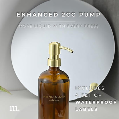 MaisoNovo Soap Dispenser 3-Piece Set | 16.9oz Amber Bottles with Gold Stainless Steel Pump Core