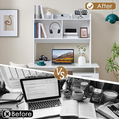 Desktop Bookshelf, Wooden Desk Storage Hutch with 5 Shelves, 3-Tier Desktop Display Organizer Rack for Office Home (White, 5 Shelves B)